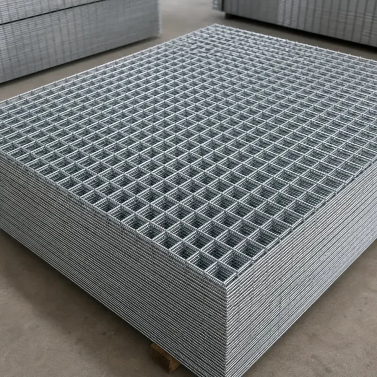 Các tấm lưới thép hàn mạ kẽm xếp chồng trong kho